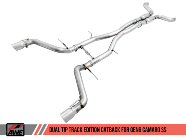 AWE Track Edition Catback Exhaust (Non Resonated) with Polished Dual Tips - 2016+ Chevy Camaro SS (6.2L V8) - 3020-32048